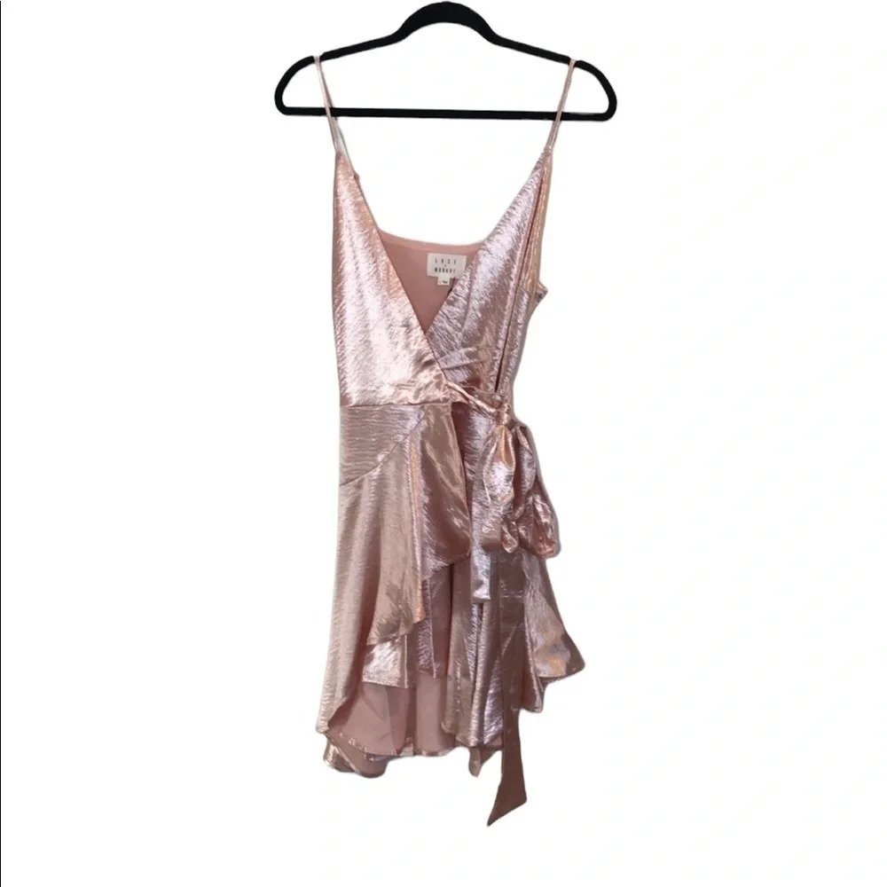 Anthropologie Lost Wander Pink Satin Wrap Ruffle Mini Fairycore Graduation Dress - Picture 2 of 11